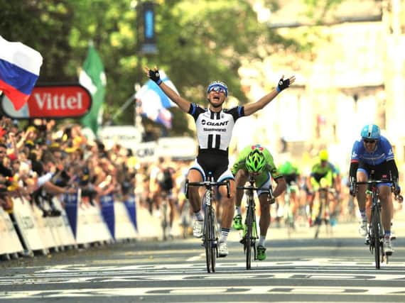 Marcel Kittell wins the first stage of the 2014 Tour de France in Harrogate from Peter Sagan after Mark Cavendish crashed at the bottom of Parliament Street.  5 July 2014. Picture Bruce Rollinson